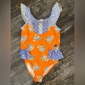 Matilda Jane Floral Orange and Blue Ruffled Swimsuit